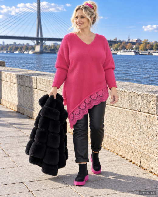 DALIA - asymetryczny sweter plus size / oversize  - różowy