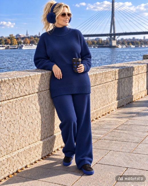 TULO - komplet oversize sweter z golfem i spodnie - granatowy