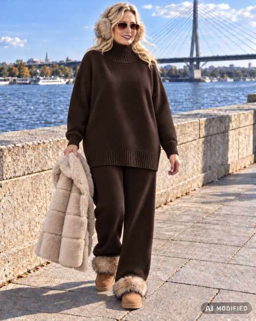TULO - komplet oversize sweter z golfem i spodnie - brązowy