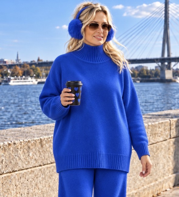 TULO -  sweter z golfem oversize / plus size - kobaltowy